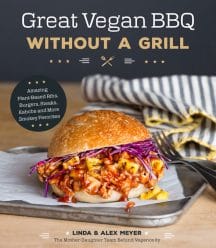 Book cover for Great Vegan BBQ Without a Grill with a pulled BBQ Sandwich on a silver tray with a fork and a blue striped napkin with yellow trim