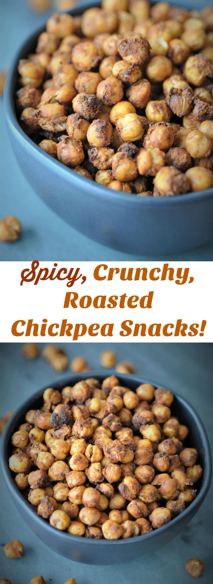 Pinterest pin for spicy roasted chickpeas with two pictures of a bowl of roasted chickpeas