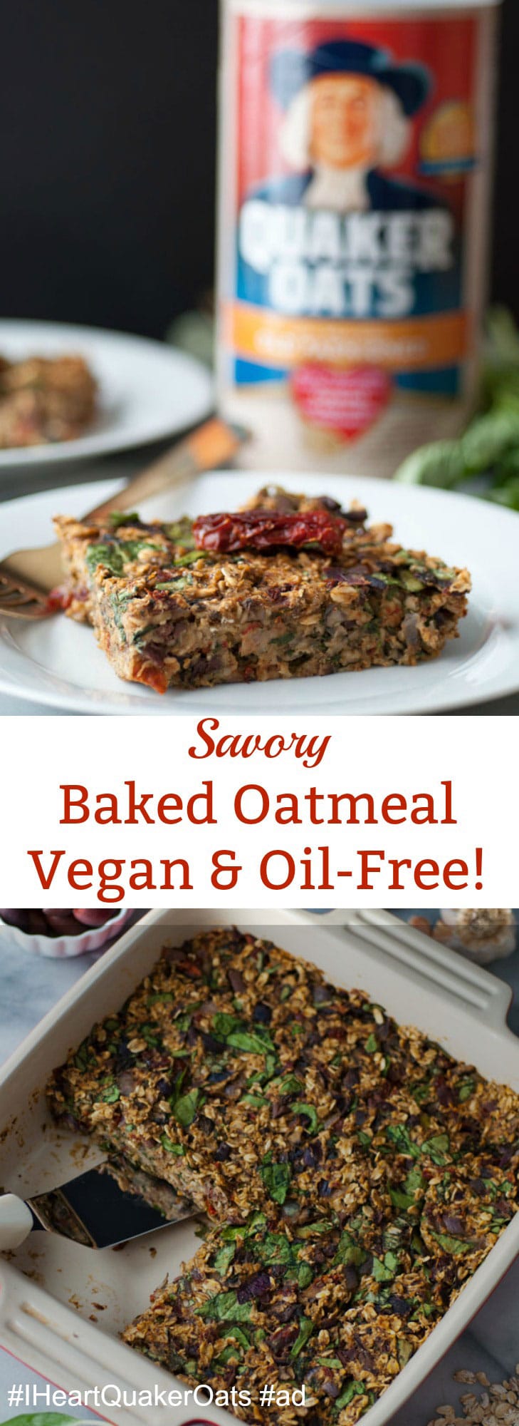 Savory baked oatmeal filled with spinach, Kalamata olives, sun-dried tomatoes, fresh herbs, and more! Healthy and delicious!