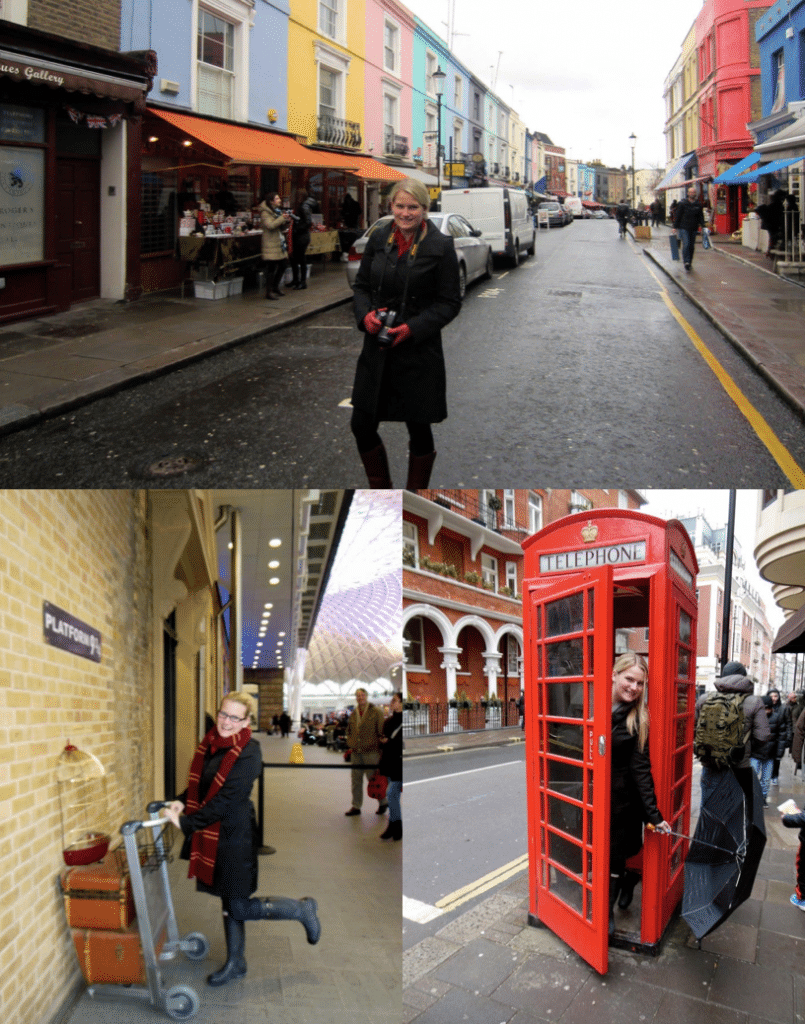 Pictures of Alex in London in a phone booth, at platform 9 ¾, and at portobello market