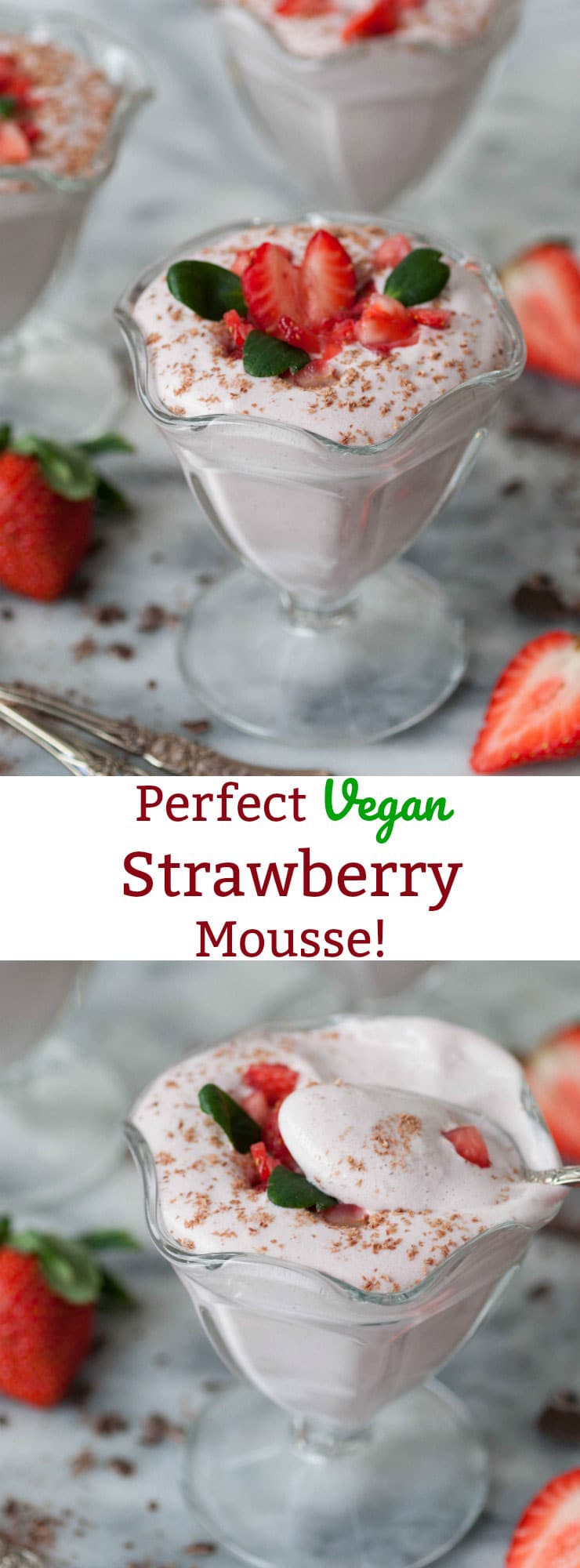 Fluffy and light Raw Vegan Strawberry Mousse! Made with aquafaba. It's a refined sugar-free dessert that's easy to make and delicious!