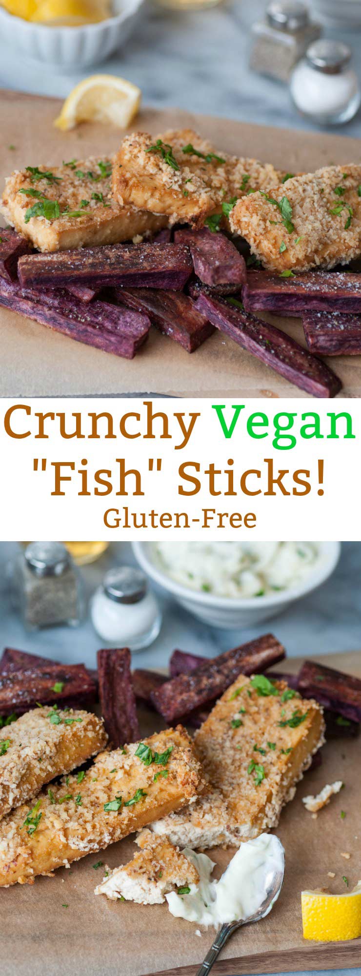 Crunchy Oven Fried Vegan Fish Sticks! These are gluten-free and oil-free! They have the perfect crunch and a nice flavor. Make them for dinner or for appetizers. 