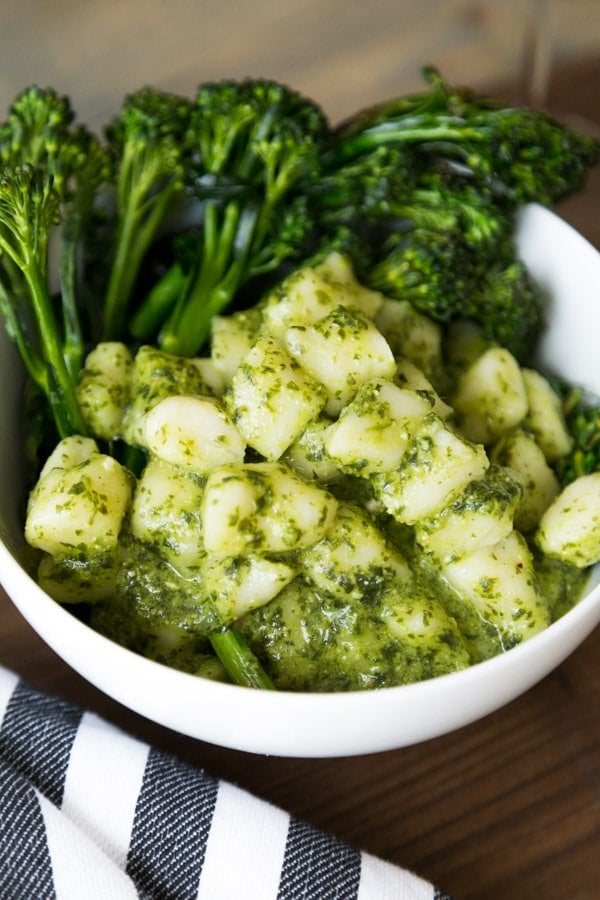 close up of a bowl of pesto gnocchi