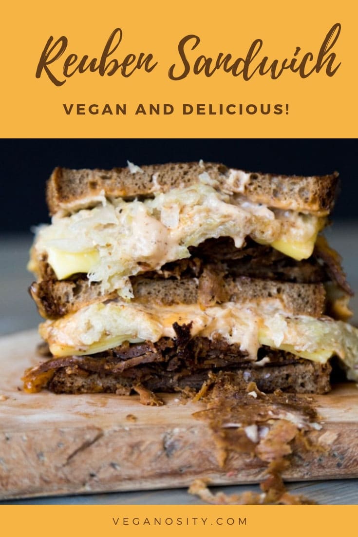 Made with homemade vegan corned beef and dairy-free dressing. The perfect St. Patrick's Day sandwich! #vegancornedbeef #veganreuben #stpatricksdayfood