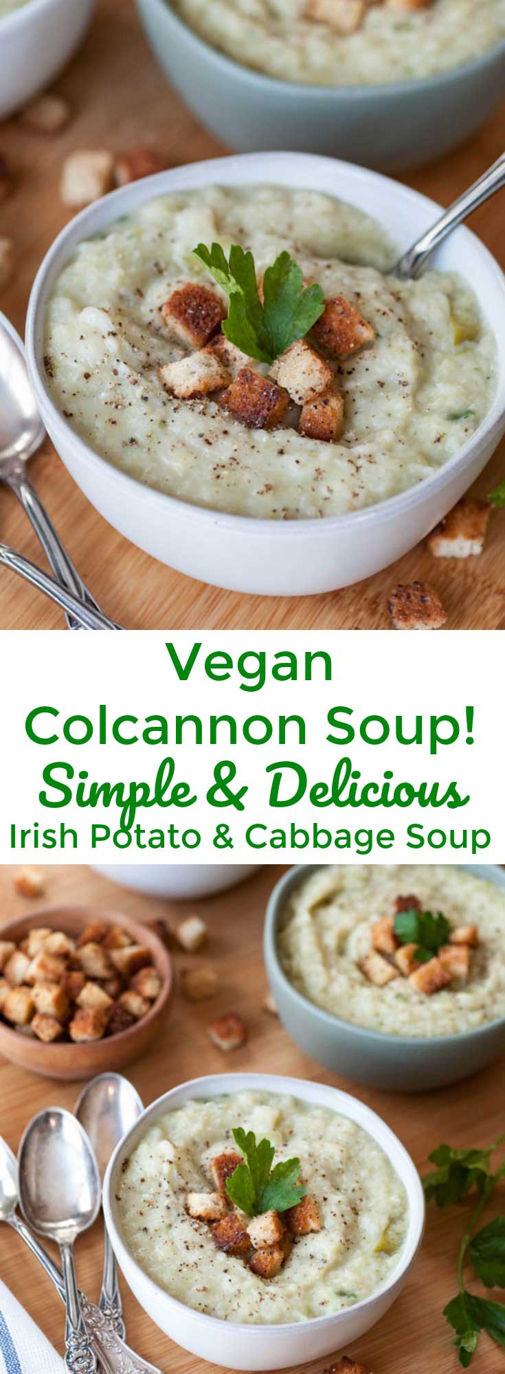 Simple and easy vegan Colcannon (potato & cabbage) soup! It's the perfect soup for a busy weeknight dinner, and for St. Patrick's Day!