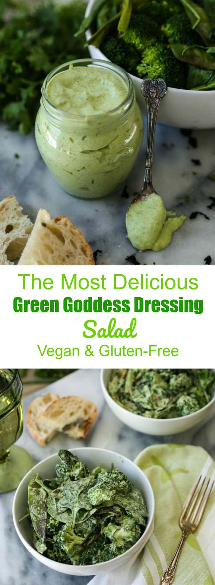 Pan roasted green vegetables with a bright and fresh vegan Green Goddess Dressing. A quick and easy meal! 