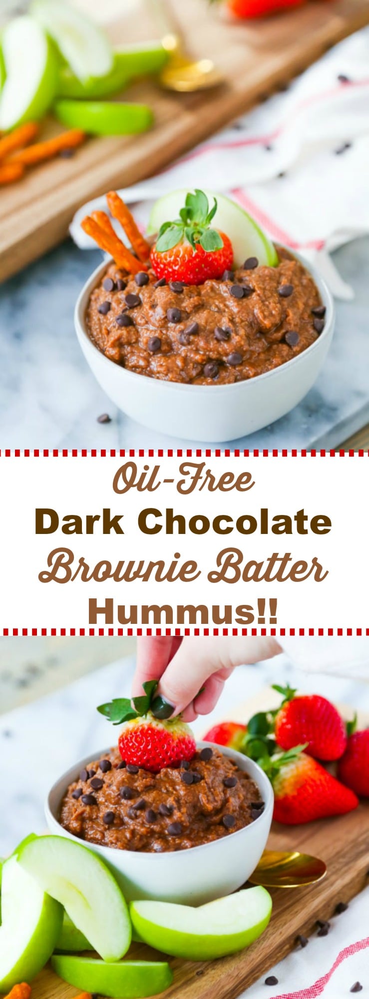 Easy and delicious Oil-Free Dark Chocolate Brownie Batter Dessert Hummus! Made with chickpeas and vegan chocolate chips. #vegan #dessert #oil-free #chickpeas