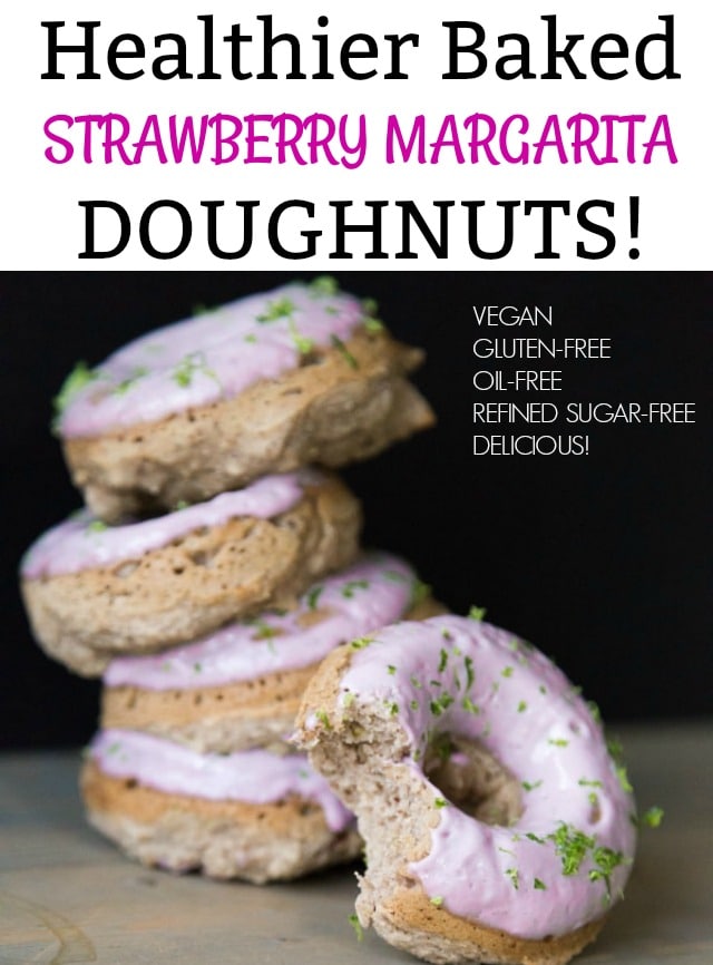 Baked Strawberry Margarita Doughnuts that are vegan, gluten-free, oil-free and refined sugar-free! They're also delicious! #healthydoughnuts #vegan #breakfast