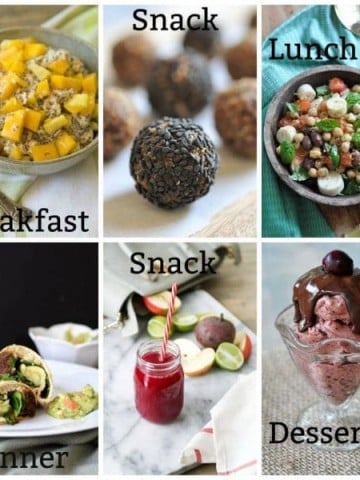 A picture collage of a daily vegan meal plan, mango overnight oats, energy balls, chickpea salad, black bean and quinoa burritos, beet juice and cherry chocolate nice cream
