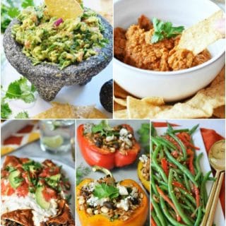 A Father's Day recipe collage with guacamole, spicy hummus, enchiladas, stuffed peppers and spicy green beans