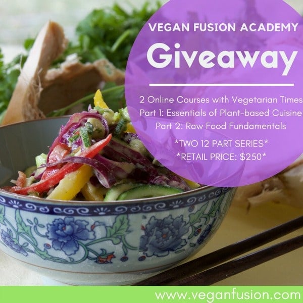 A Vegan Fusion Giveaway collage with a blue floral bowl of vegetables and a purple circle that says, "Giveaway"