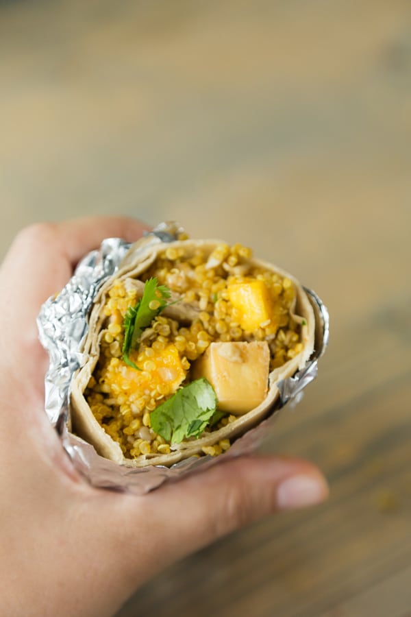 A hand holding a tofu wrap that's wrapped in foil.