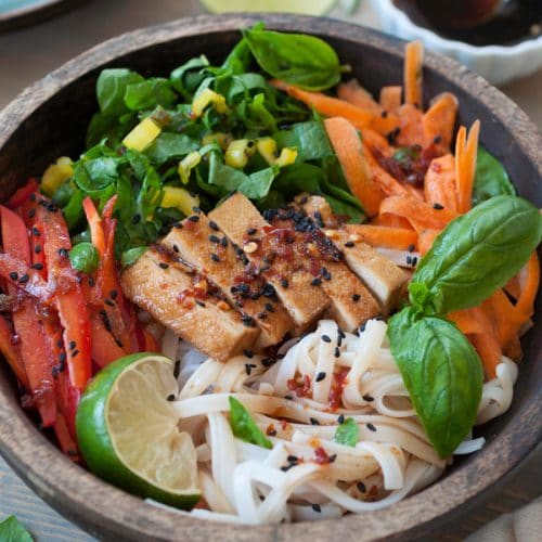 Chilled Smoked Tofu & Sesame Rice Noodle Salad Veganosity