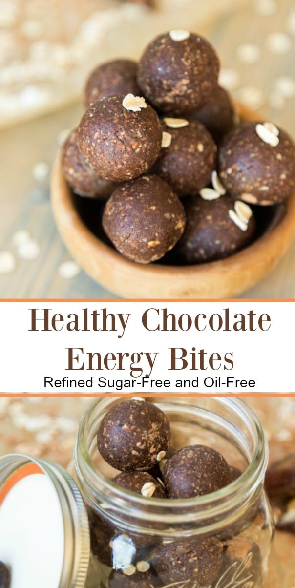 Healthy, oil-free and refined sugar-free chocolate energy bites! Made with cacao powder and whole food ingredients. #vegan #chocolate #healthysnack
