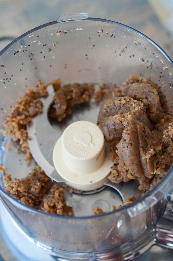 Chocolate energy ball dough in a food processor