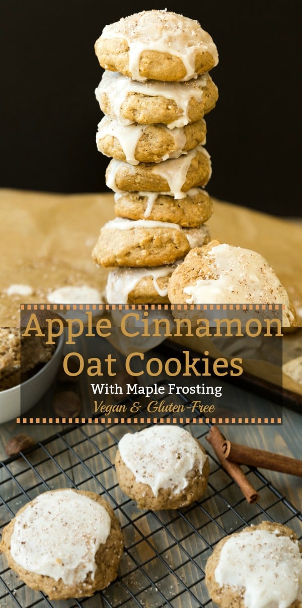 Gluten-free and vegan apple cinnamon oatmeal cookies with maple frosting are so easy to make and delicious! #vegan #cookie #gluten-free #apple