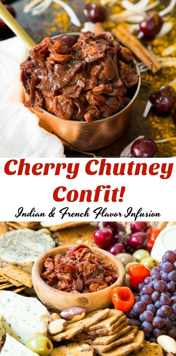 Our Cherry Chutney Confit is a fusion of Indian Spices and French flavors. This savory and sweet spread is perfect on vegan cheese, ribz, or anything that requires a burst of flavor. #vegan #chutney #cherry