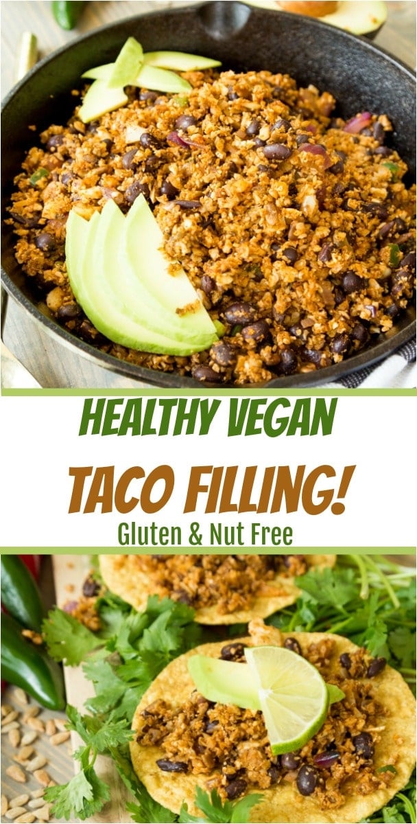 Perfectly crumbly, chewy, and spicy vegan taco filling that's made with whole plant-based foods. Easy to make and delicious! #vegan #Mexican #taco