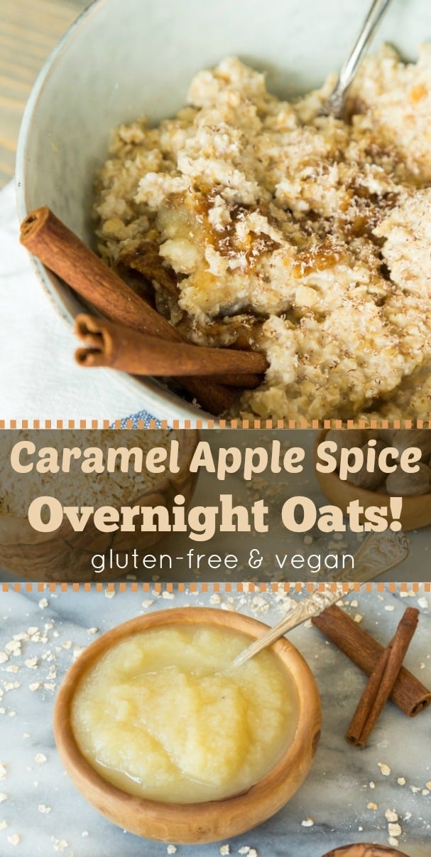 Homemade date caramel, applesauce, warm fall spices, and oats make the most delicious seasonal overnight oats.! Quick and easy! #vegan #breakfast #oats