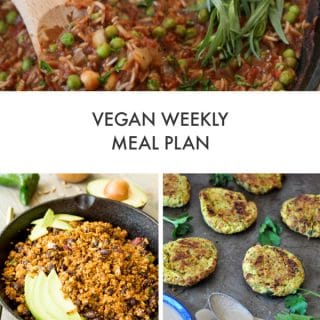 Vegan Weekly Meal Plan with a picture of Spicy Stew, taco filling, and a shopping list