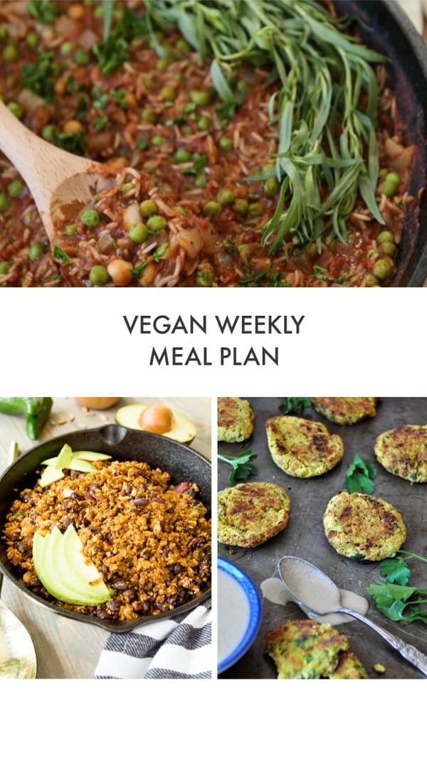 Vegan Weekly Meal Plan with a picture of Spicy Stew, taco filling, and falafel