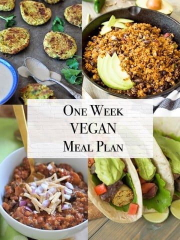 one week vegan meal plan with vegan taco filling, falafel, vegan chile con carne, and vegan tacos