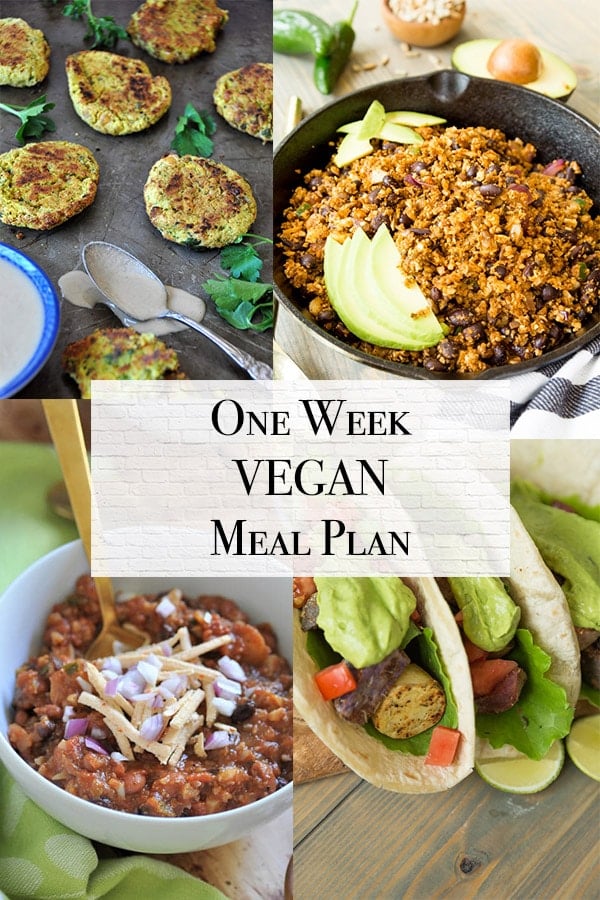 one week vegan meal plan with vegan taco filling, falafel, vegan chile con carne, and vegan tacos