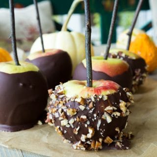 Chocolate covered apples on a piece of parchment paper on a wood table. Some of the apples are rolled in chopped nuts and they all have twigs inserted in the centers.