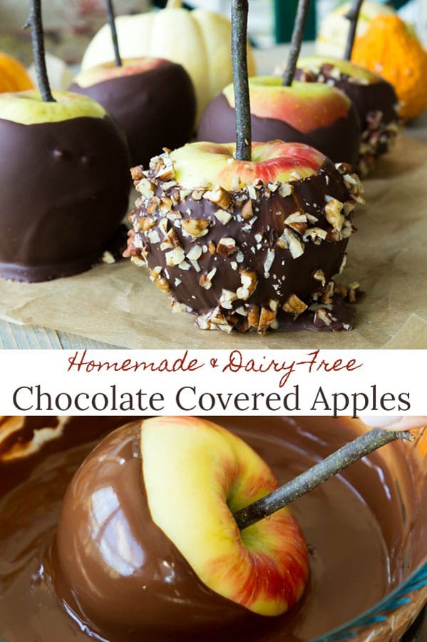 Easy homemade chocolate covered apples that are vegan and gluten-free! Make in less than 20 minutes! #dairy-free #vegan #appledessert