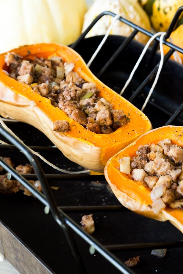 Stuffed butternut squash filled with apple sausage stuffing