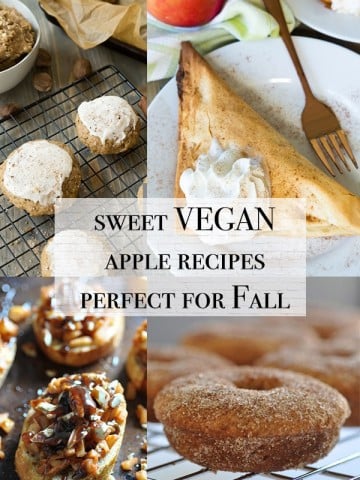 vegan apple recipes including apple donuts, apple bruschetta, apple cookies with frosting, and apple turnovers