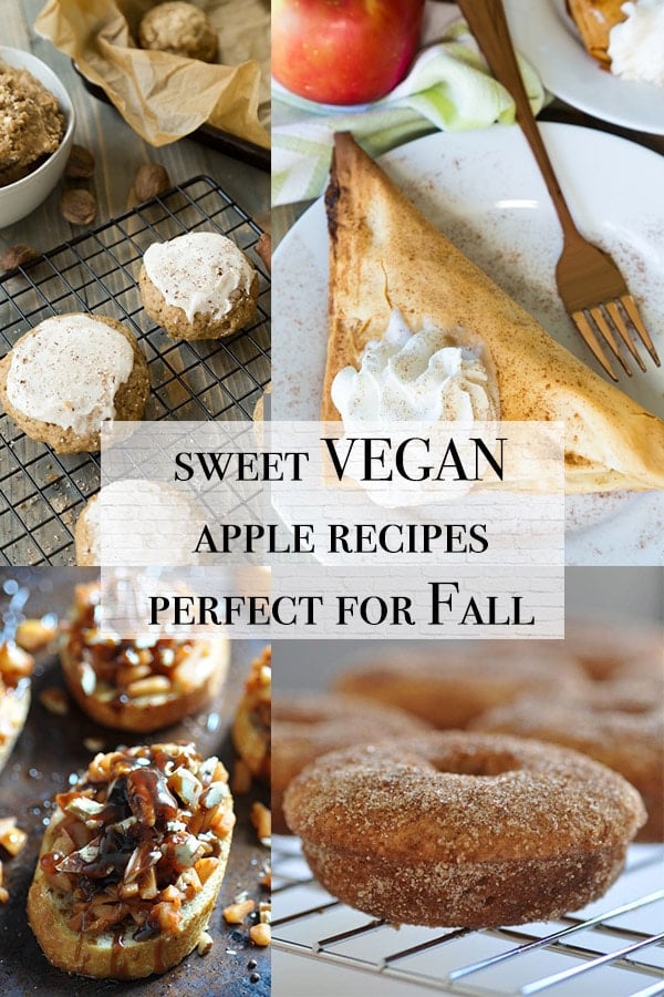 vegan apple recipes including apple donuts, apple bruschetta, apple cookies with frosting, and apple turnovers
