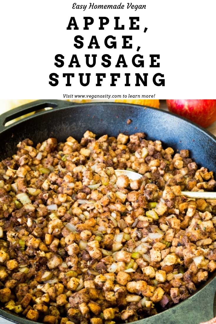 Easy Homemade Vegan Stuffing with sweet tender apples, fresh sage and thyme, and Beyond Meat Italian Sausage! So Delicious!! #vegan #stuffing #Thanksgiving