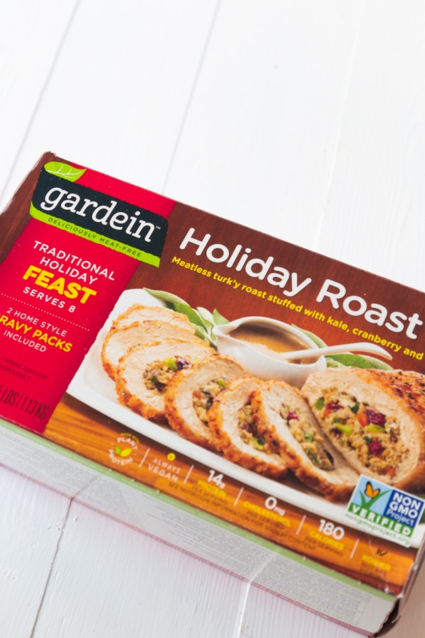 A Gardein Holiday Roast box on a white board