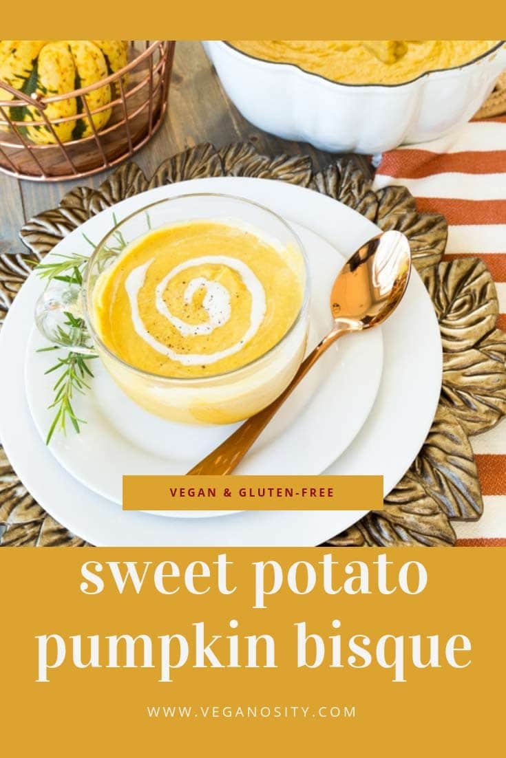 Easy homemade Sweet Potato and Pumpkin Bisque! Perfect for fall weather! #vegan #soup #sweetpotato