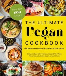 The cover of The Ultimate Vegan Cookbook with pictures of 8 vegan recipes lining three sides of the book and a yellow square on the right center with the title.