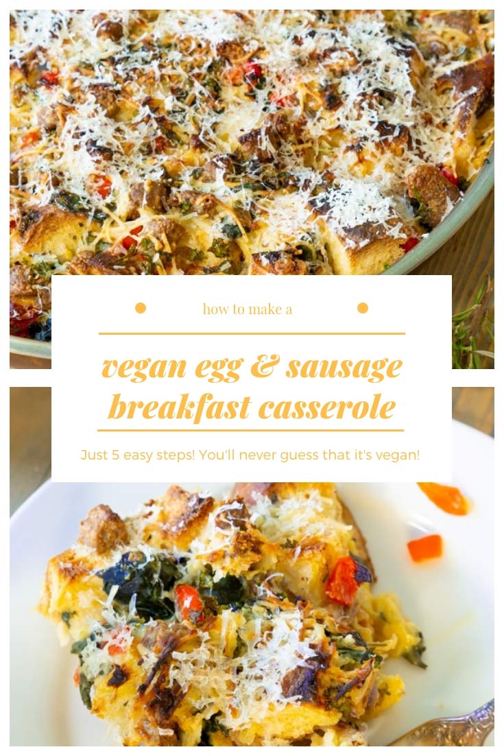 Only 5 easy steps to make this delicious vegan egg & sausage breakfast casserole. You'll never guess that it's vegan! #veganbreakfastcasserole #veganstrata