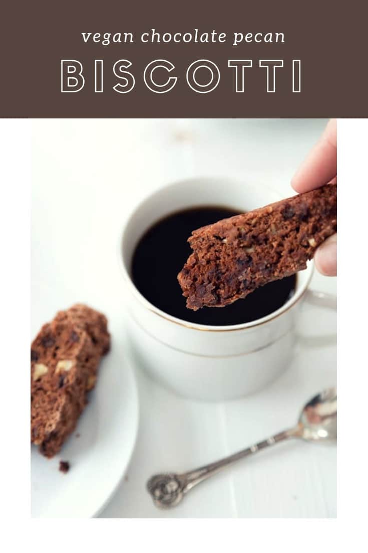 Vegan Chocolate Pecan Biscotti that's crunchy and perfectly delicious! #vegancookies #chocolate #biscotti
