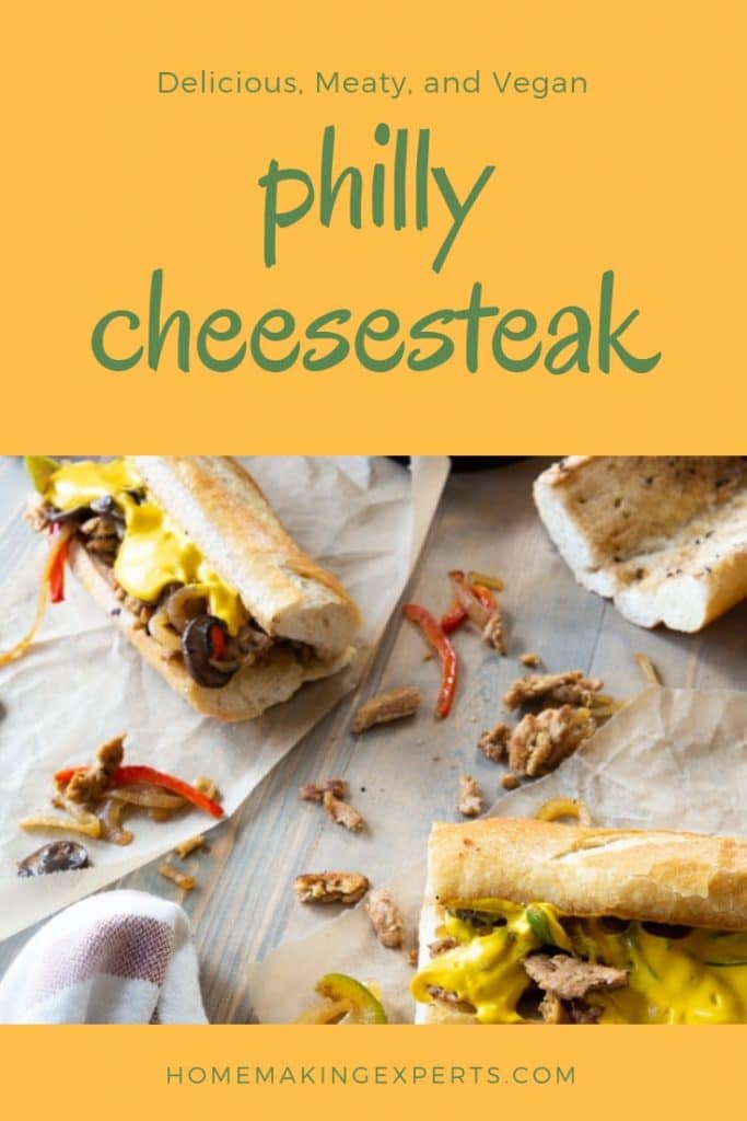 A Pinterest pin for vegan Philly Cheesesteak with a picture of the sandwiches.