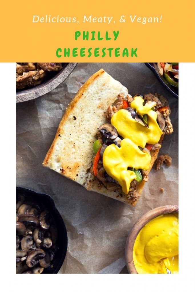 A Pinterest pin for vegan Philly Cheesesteak with a photo of the sandwich.
