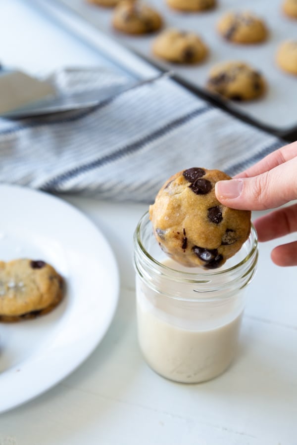 A hand dunking a chocolate chip cookie in a glass of milk