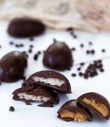 Chocolate eggs filled with peanut butter and coconut filling