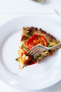 A slice of tomato tart featured on Veganosity on a white plate with a silver fork cutting into it.