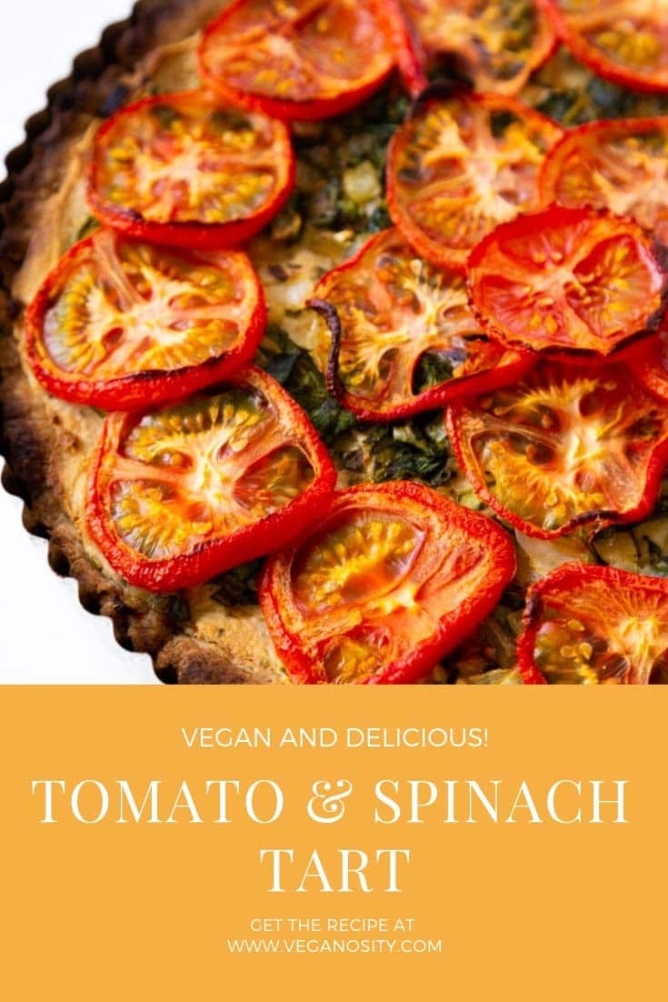 A savory and delicious vegan tomato tart with cashew cheese and spinach. Perfect for brunch or a light dinner. #vegantart #tomato #tart