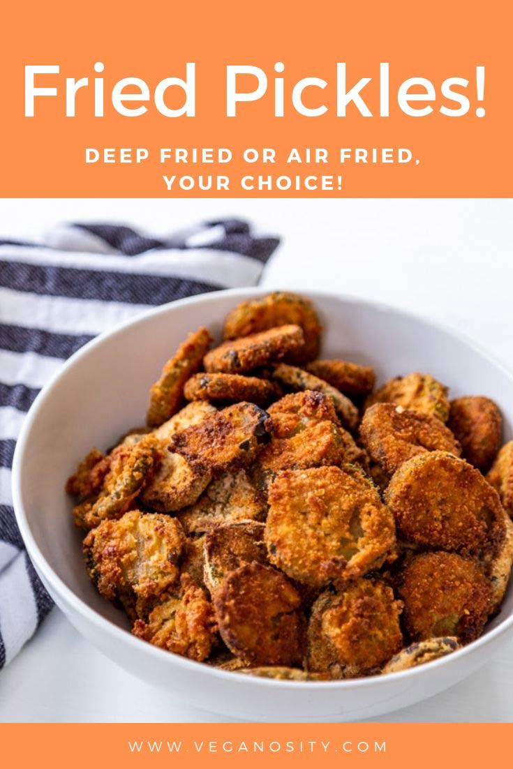 A PInterest pin for fried pickles with an orange background and a white bowl of fried pickles. 