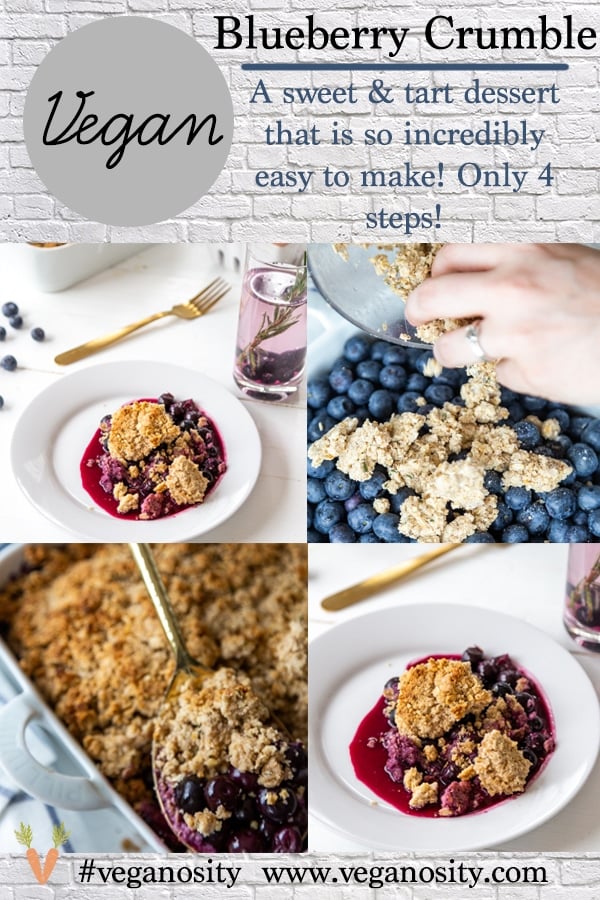 A Pinterest pin for blueberry & rosemary crisp with four pictures of the crisp with a white background. 