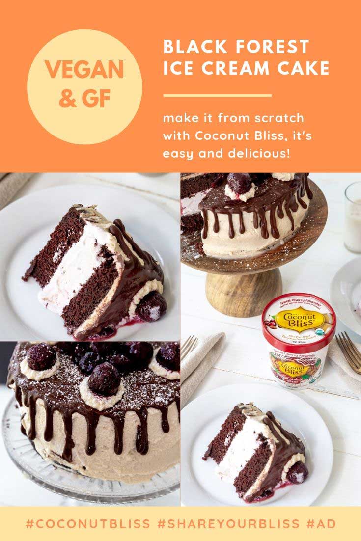 A PInterest pin for ice cream cake with a picture of the whole cake, a slice of cake, and a tablescape of the whole cake, slice of cake and a pint of ice cream.