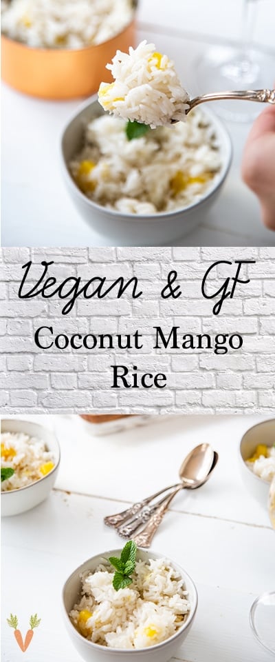 A Pinterest pin with coconut mango rice in a bowl and a forkful of rice on the top picture. 
