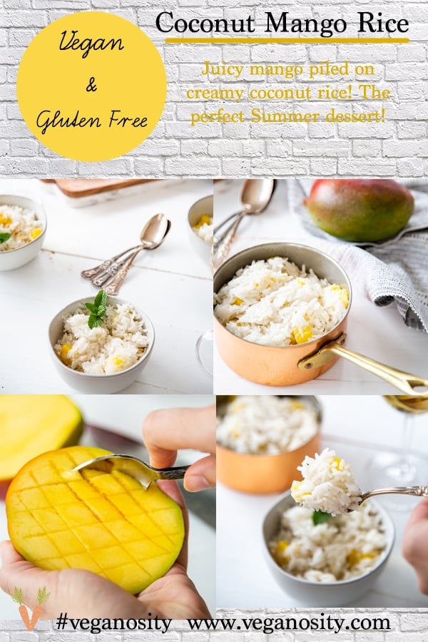 A Pinterest pin for coconut mango rice with photos of the rice in bowls and a copper pot.