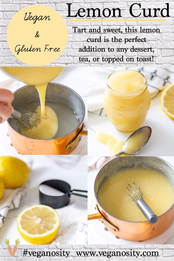 A PInterest pin for lemon curd with 4 pictures of the lemon curd in jars and copper pans.